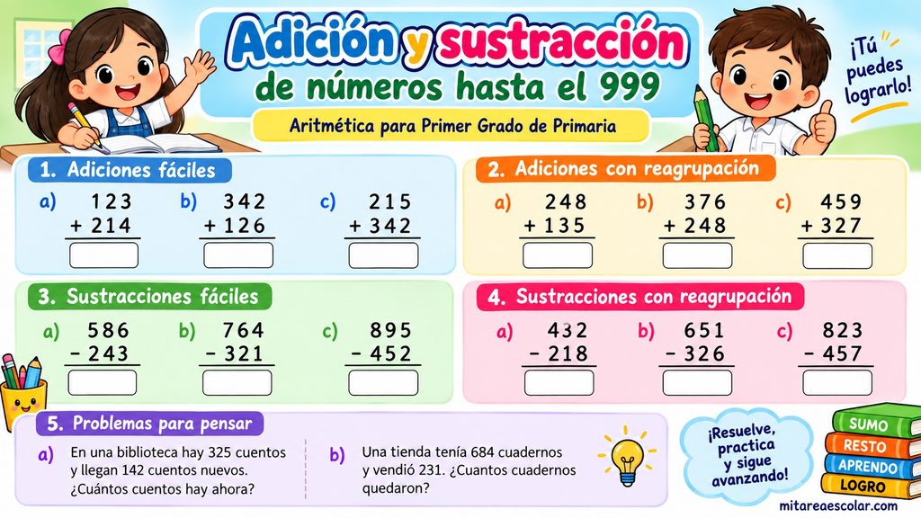 Ficha con ejercicios de sumas y restas de números de hasta tres cifras para resolver